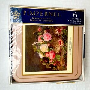 Vintage NIB Pimpernel Rose Basket Cork Back 6 Piece Coaster Set. 4.25 x 4.25